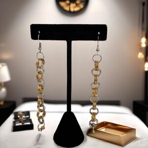 Mid-Century Modern Retro Dangle Chainmaile Gold and Silver Rings Links Earrings
